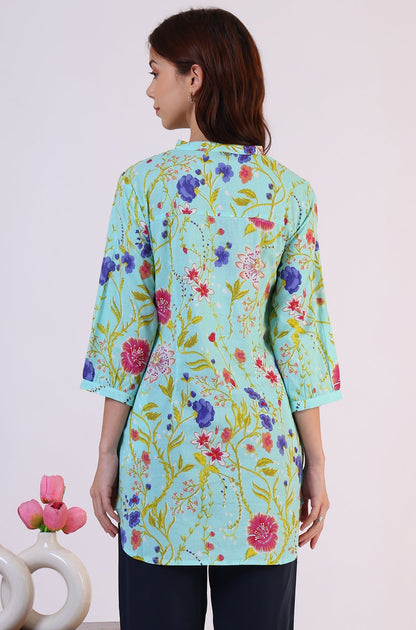 W for Woman Blue Floral Printed Tunic with Floral Thread Embroidery
