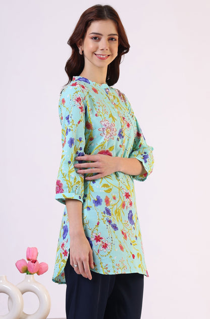 W for Woman Blue Floral Printed Tunic with Floral Thread Embroidery
