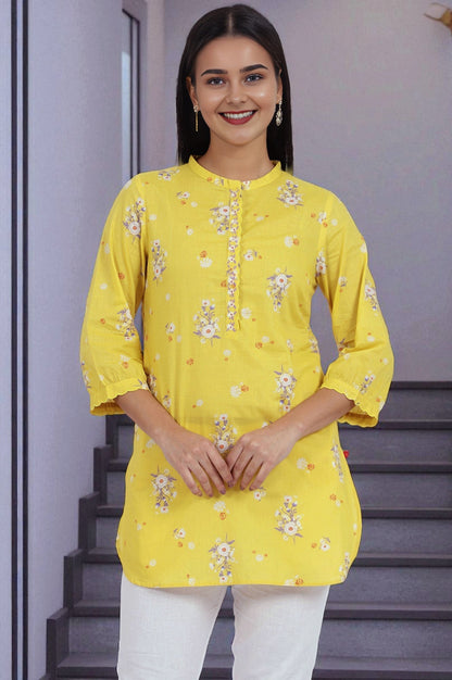 W for Woman Yellow Floral Printed Straight Pure Cotton Tunic