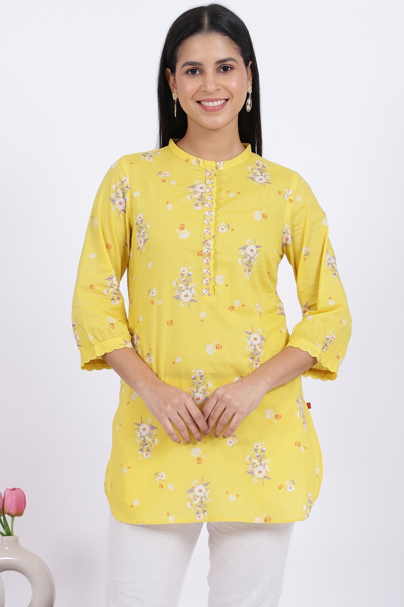 W for Woman Yellow Floral Printed Straight Pure Cotton Tunic