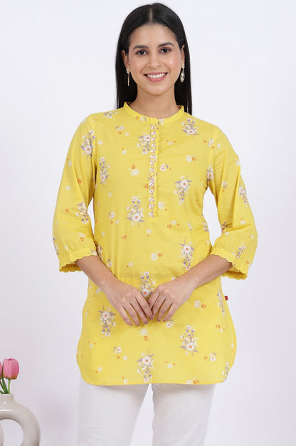 W for Woman Yellow Floral Printed Straight Pure Cotton Tunic