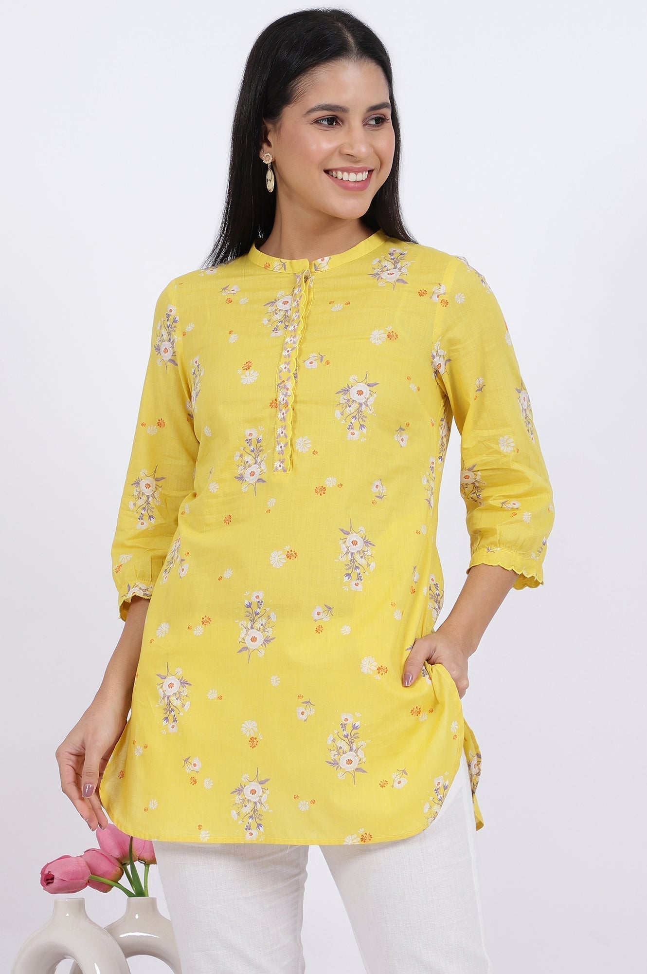 W for Woman Yellow Floral Printed Straight Pure Cotton Tunic
