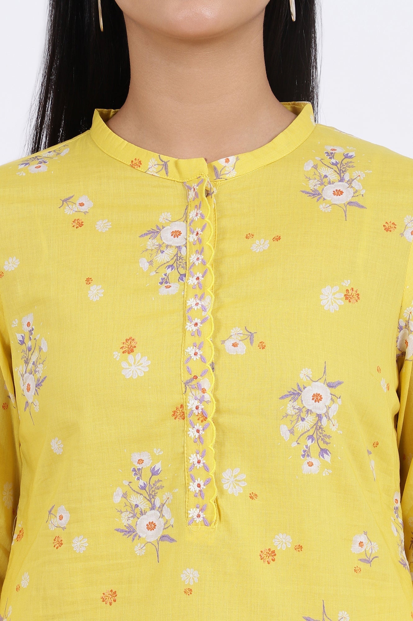 W for Woman Yellow Floral Printed Straight Pure Cotton Tunic