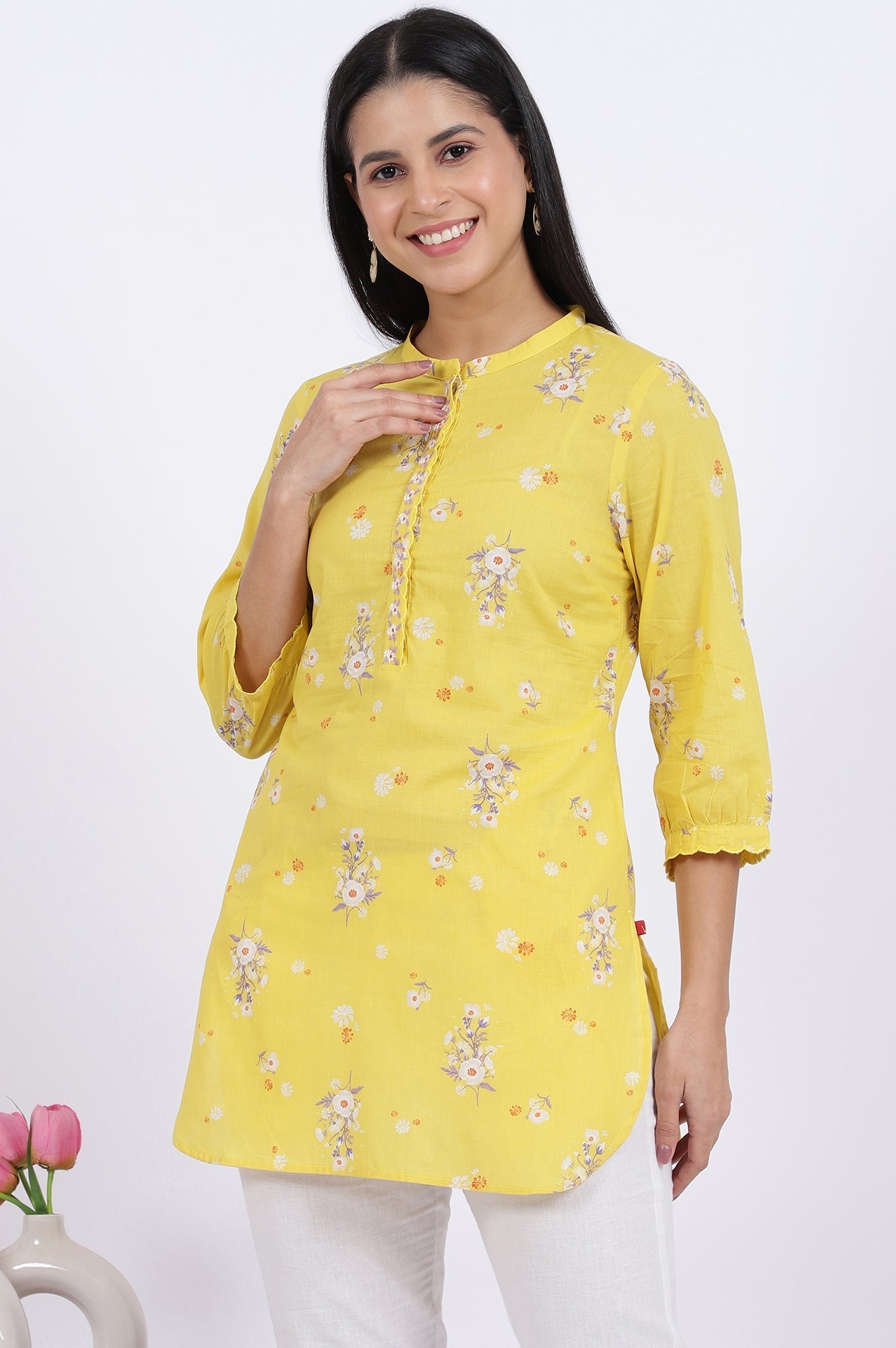 W for Woman Yellow Floral Printed Straight Pure Cotton Tunic