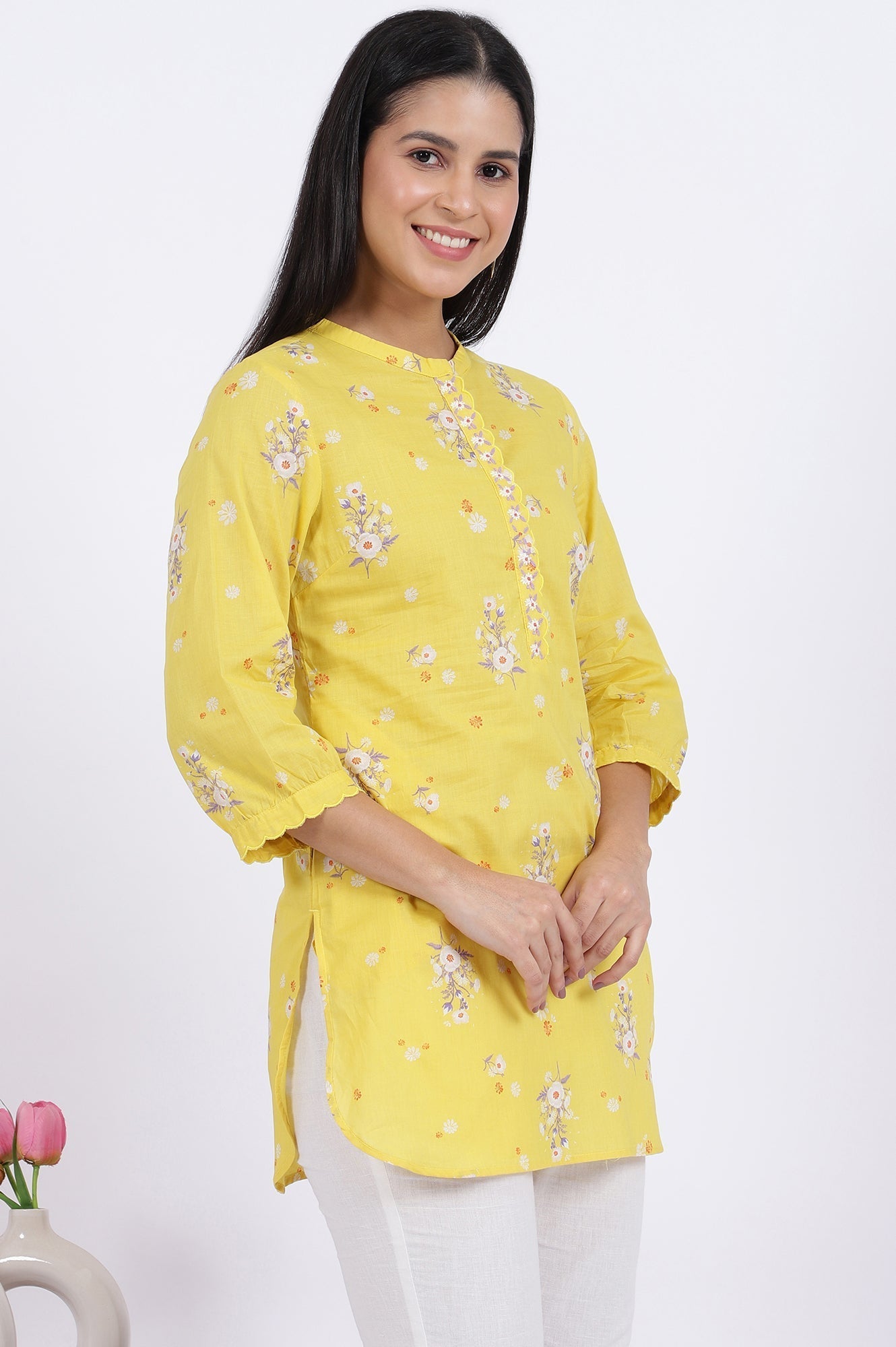 W for Woman Yellow Floral Printed Straight Pure Cotton Tunic