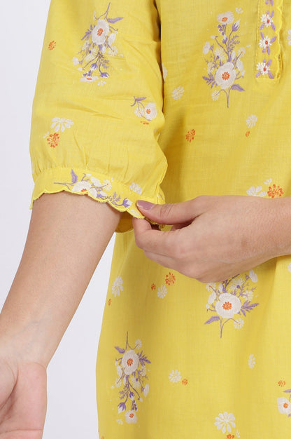 W for Woman Yellow Floral Printed Straight Pure Cotton Tunic