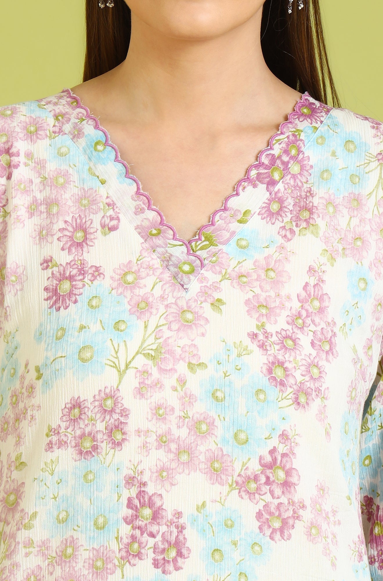 W for Woman White Floral Printed Cotton Crinkle Crepe Ethnic Top