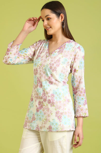 W for Woman White Floral Printed Cotton Crinkle Crepe Ethnic Top