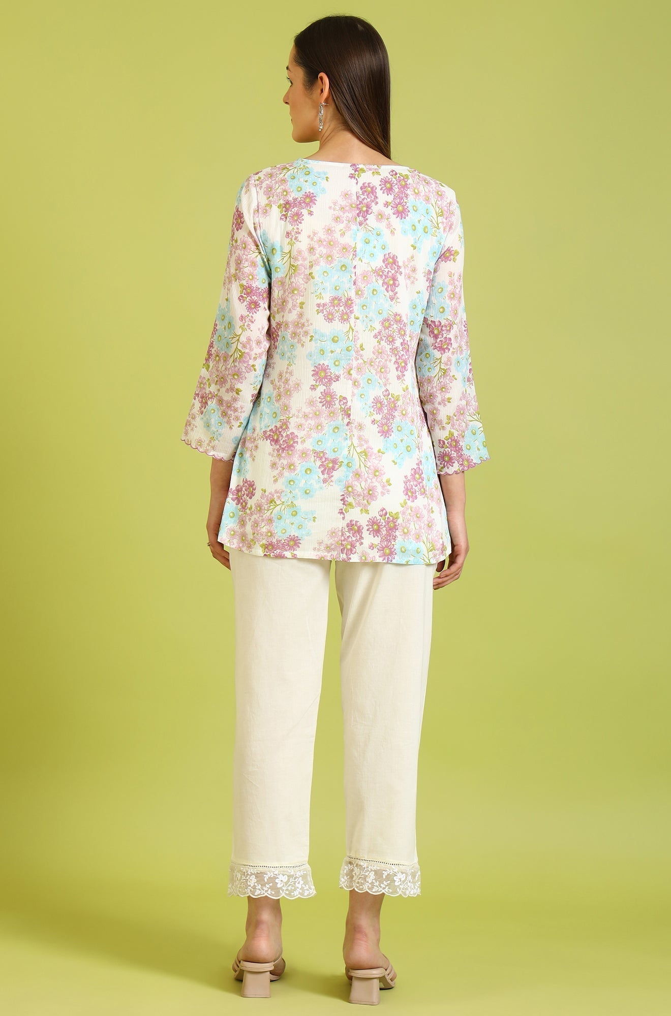 W for Woman White Floral Printed Cotton Crinkle Crepe Ethnic Top