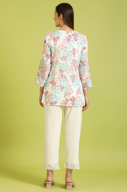 W for Woman White Floral Printed Cotton Crinkle Crepe Ethnic Top