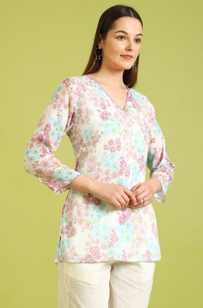 W for Woman White Floral Printed Cotton Crinkle Crepe Ethnic Top