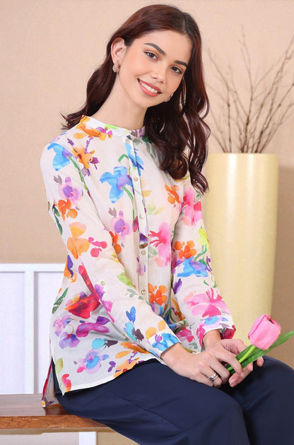 W for Woman Multicolor Floral Printed Straight Pure Cotton Top
