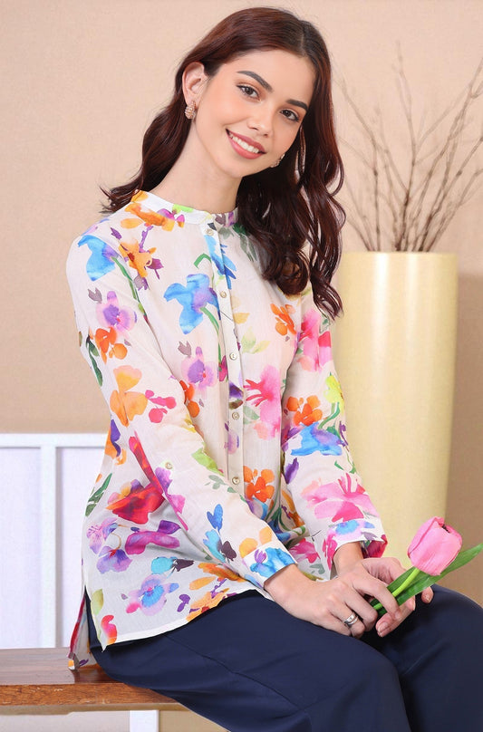 W for Woman Multicolor Floral Printed Straight Pure Cotton Top