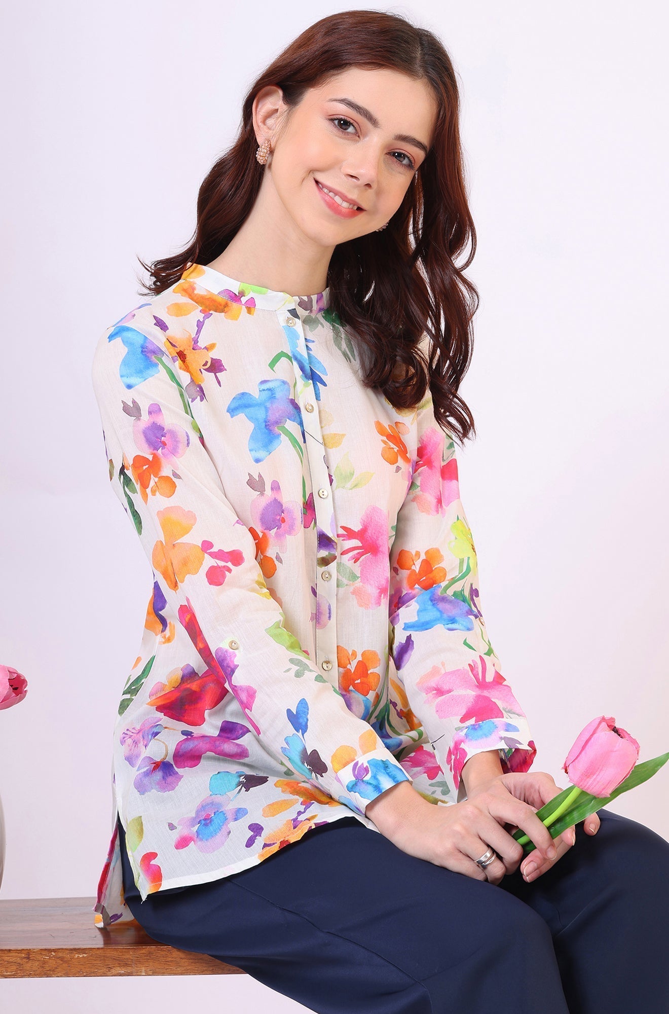 W for Woman Multicolor Floral Printed Straight Pure Cotton Top