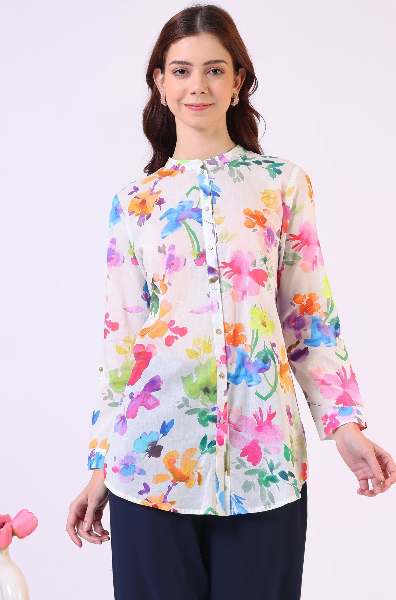 W for Woman Multicolor Floral Printed Straight Pure Cotton Top