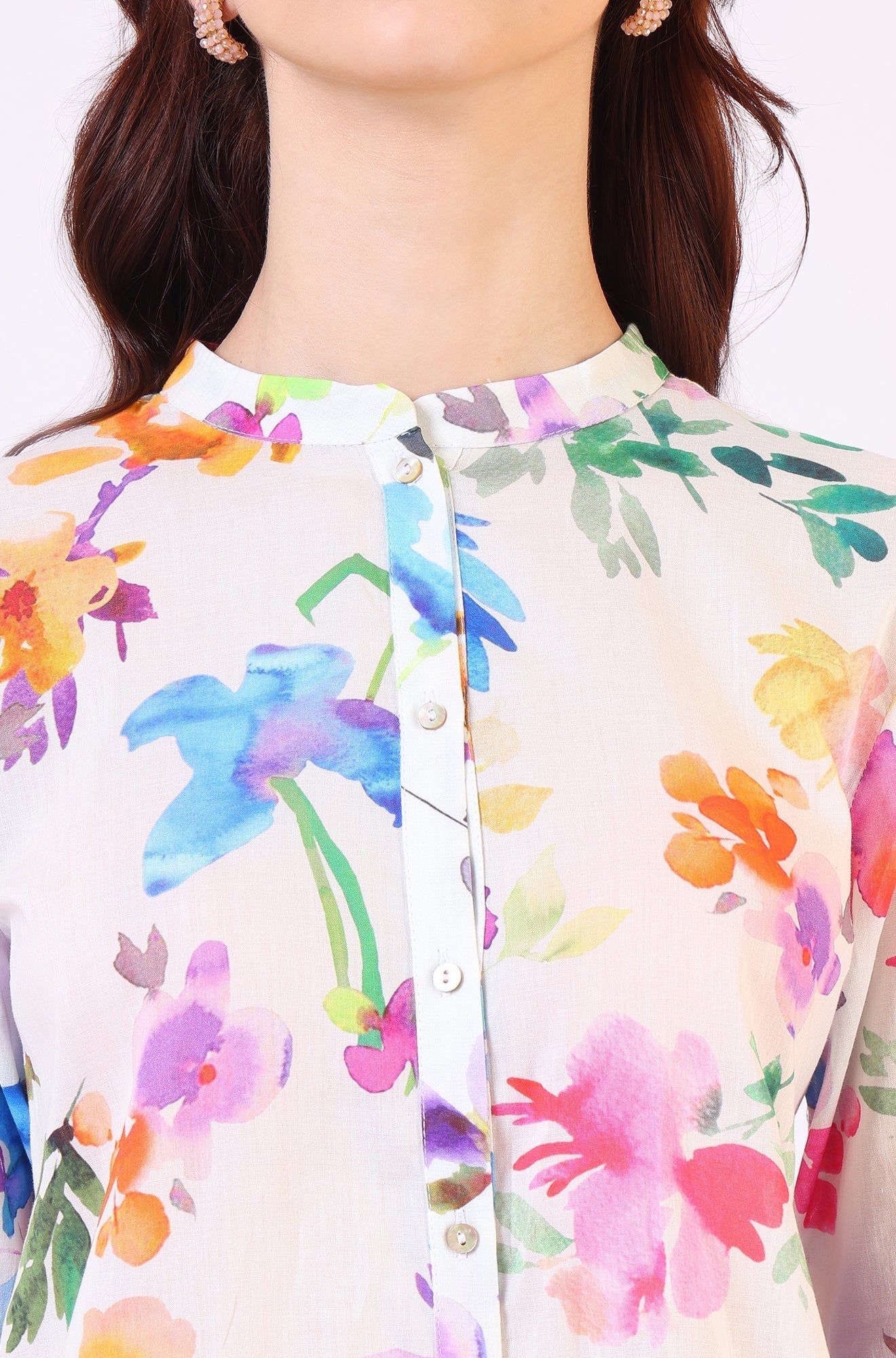 W for Woman Multicolor Floral Printed Straight Pure Cotton Top