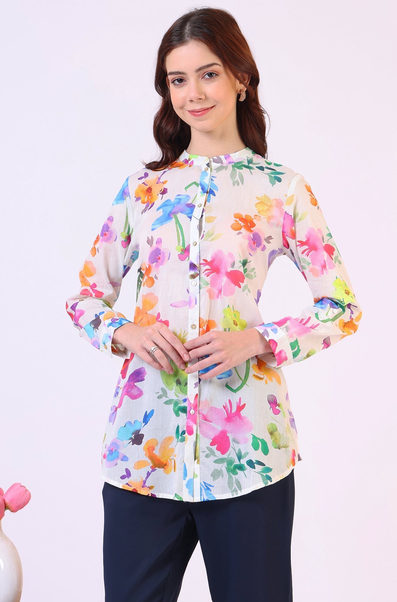 W for Woman Multicolor Floral Printed Straight Pure Cotton Top