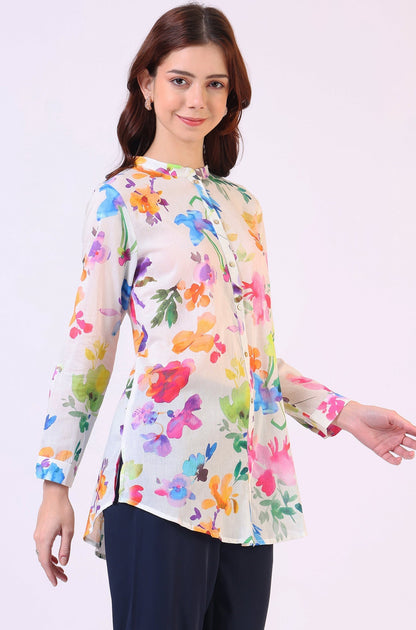 W for Woman Multicolor Floral Printed Straight Pure Cotton Top