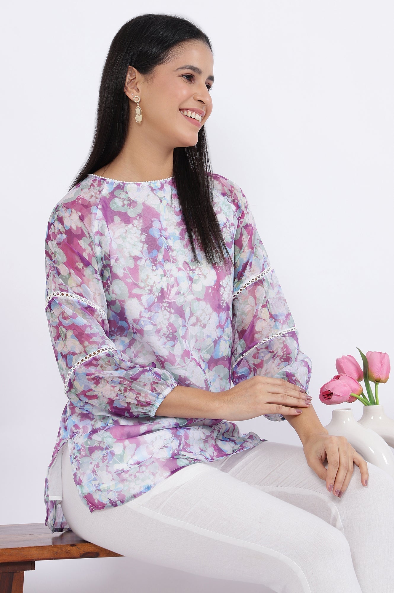 W for Woman Multicoloured Floral Printed Straight Polyester Top