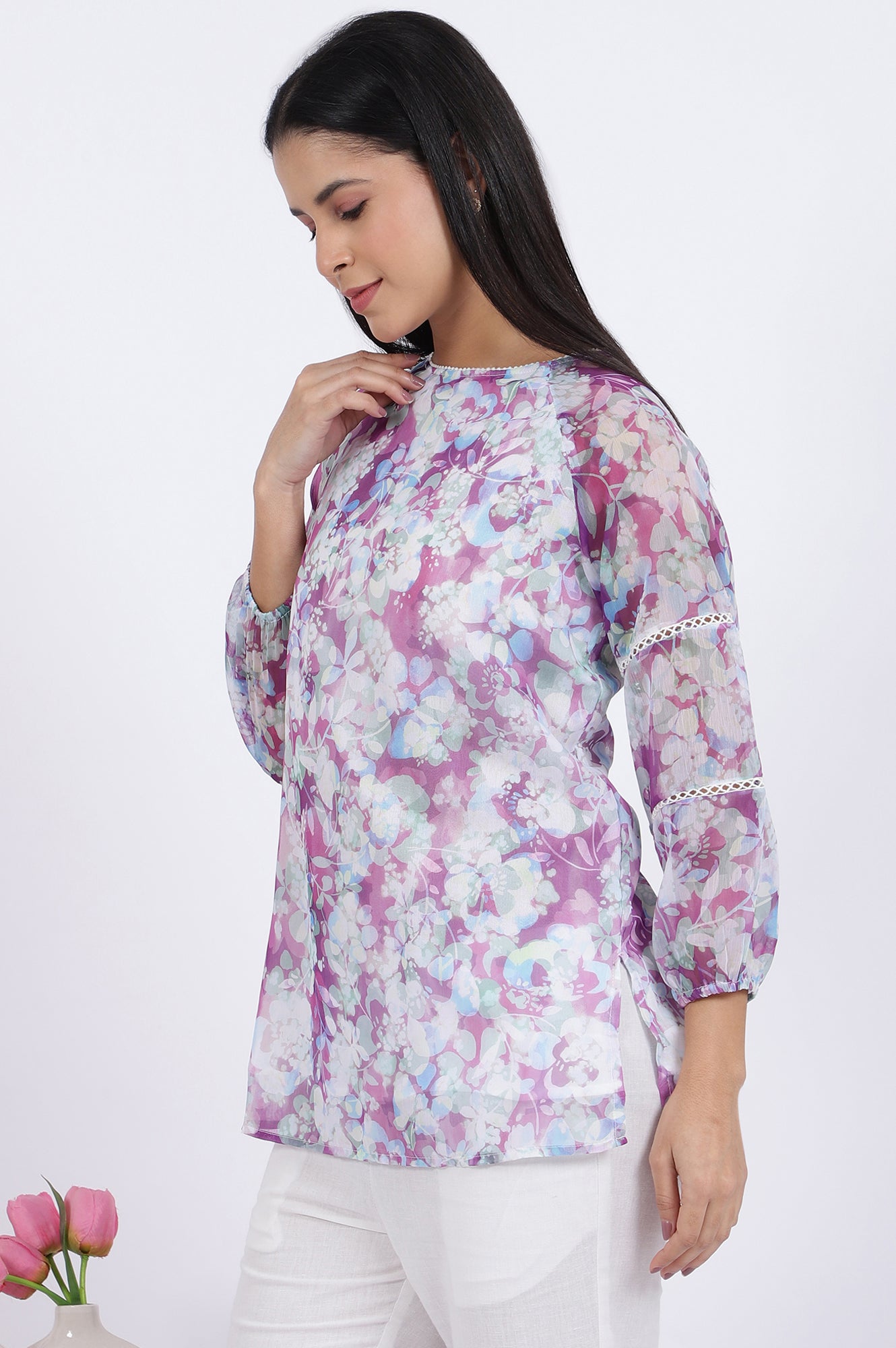 W for Woman Multicoloured Floral Printed Straight Polyester Top