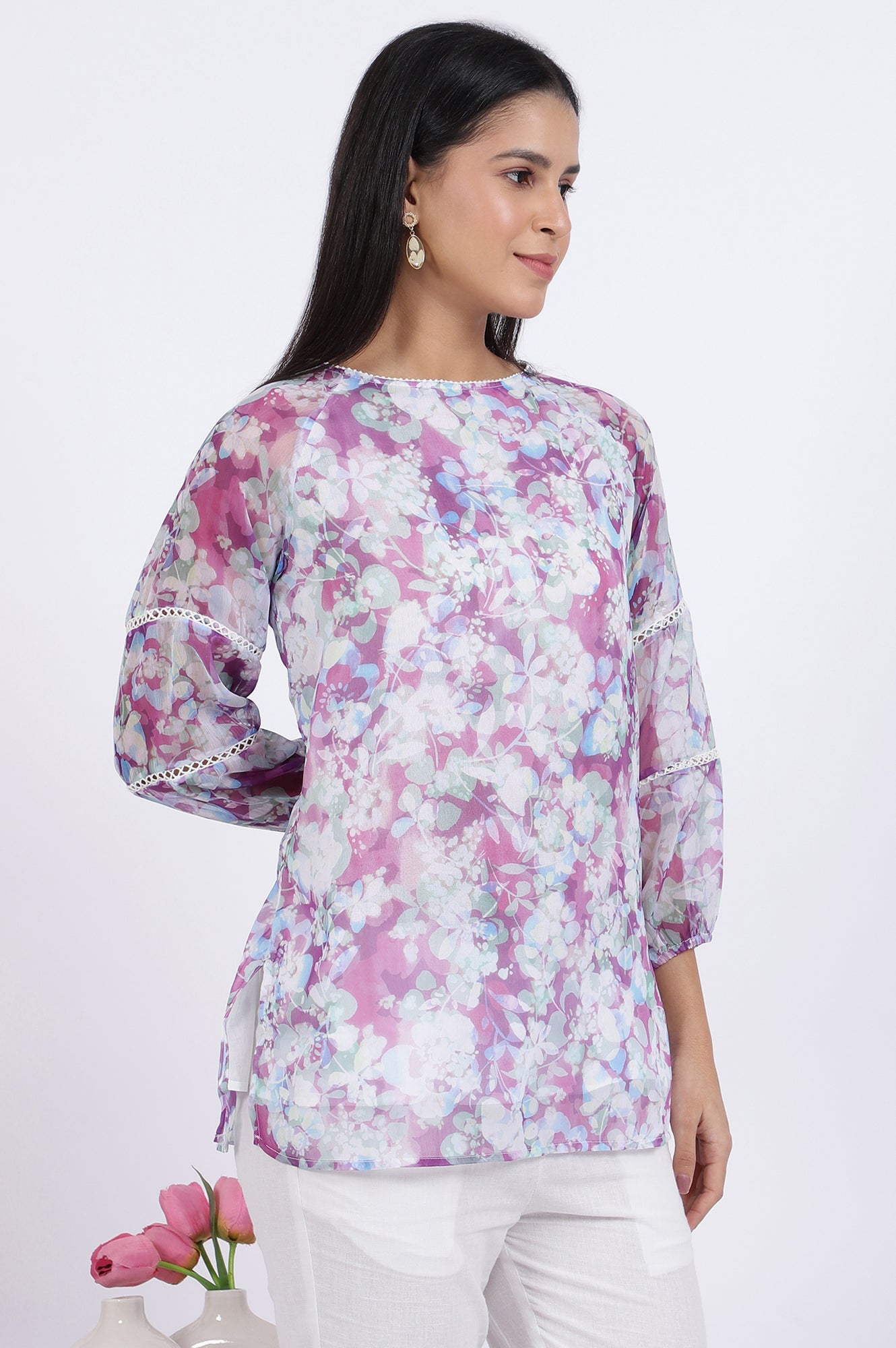 W for Woman Multicoloured Floral Printed Straight Polyester Top