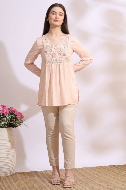 W for Woman Pastel Pink Thread Embroidered Gathered Swiss Dot Ethnic Top
