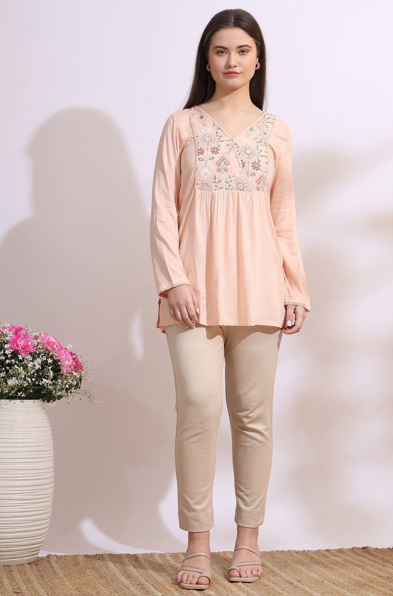 W for Woman Pastel Pink Thread Embroidered Gathered Swiss Dot Ethnic Top