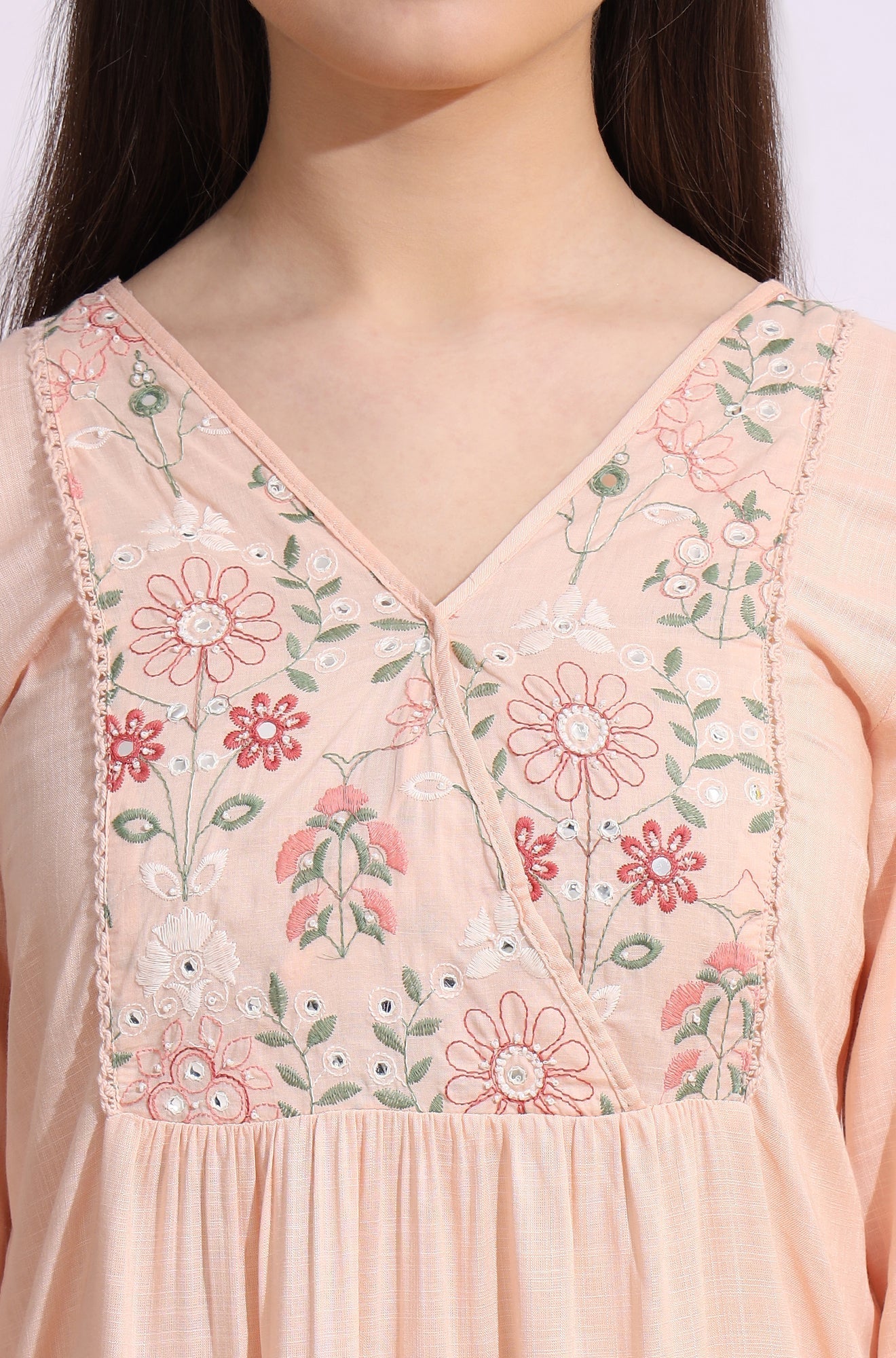 W for Woman Pastel Pink Thread Embroidered Gathered Swiss Dot Ethnic Top