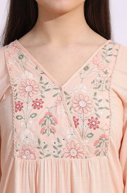 W for Woman Pastel Pink Thread Embroidered Gathered Swiss Dot Ethnic Top