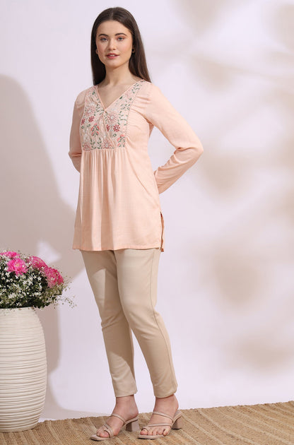 W for Woman Pastel Pink Thread Embroidered Gathered Swiss Dot Ethnic Top