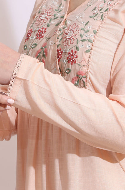 W for Woman Pastel Pink Thread Embroidered Gathered Swiss Dot Ethnic Top