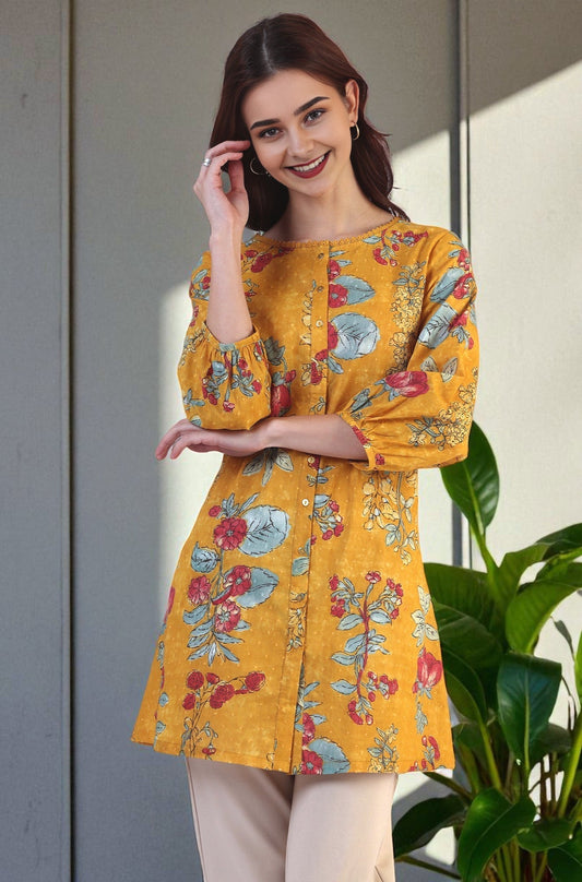 W for Woman Mustard Floral Printed Button Down Pure Cotton Top