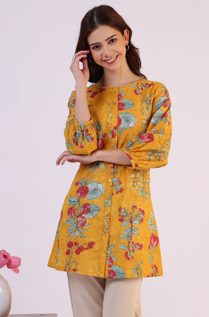 W for Woman Mustard Floral Printed Button Down Pure Cotton Top