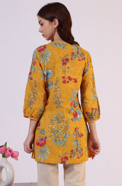 W for Woman Mustard Floral Printed Button Down Pure Cotton Top