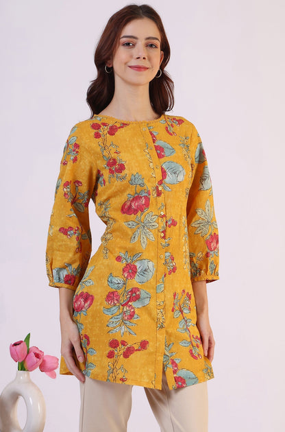 W for Woman Mustard Floral Printed Button Down Pure Cotton Top
