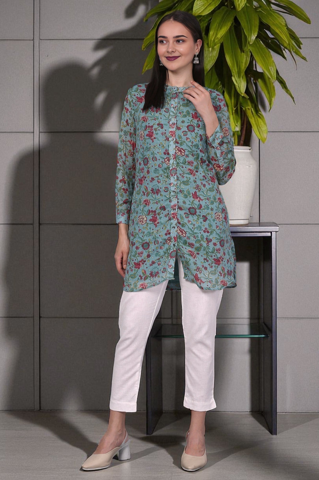 W for Woman Green Floral Printed Kota Tunic