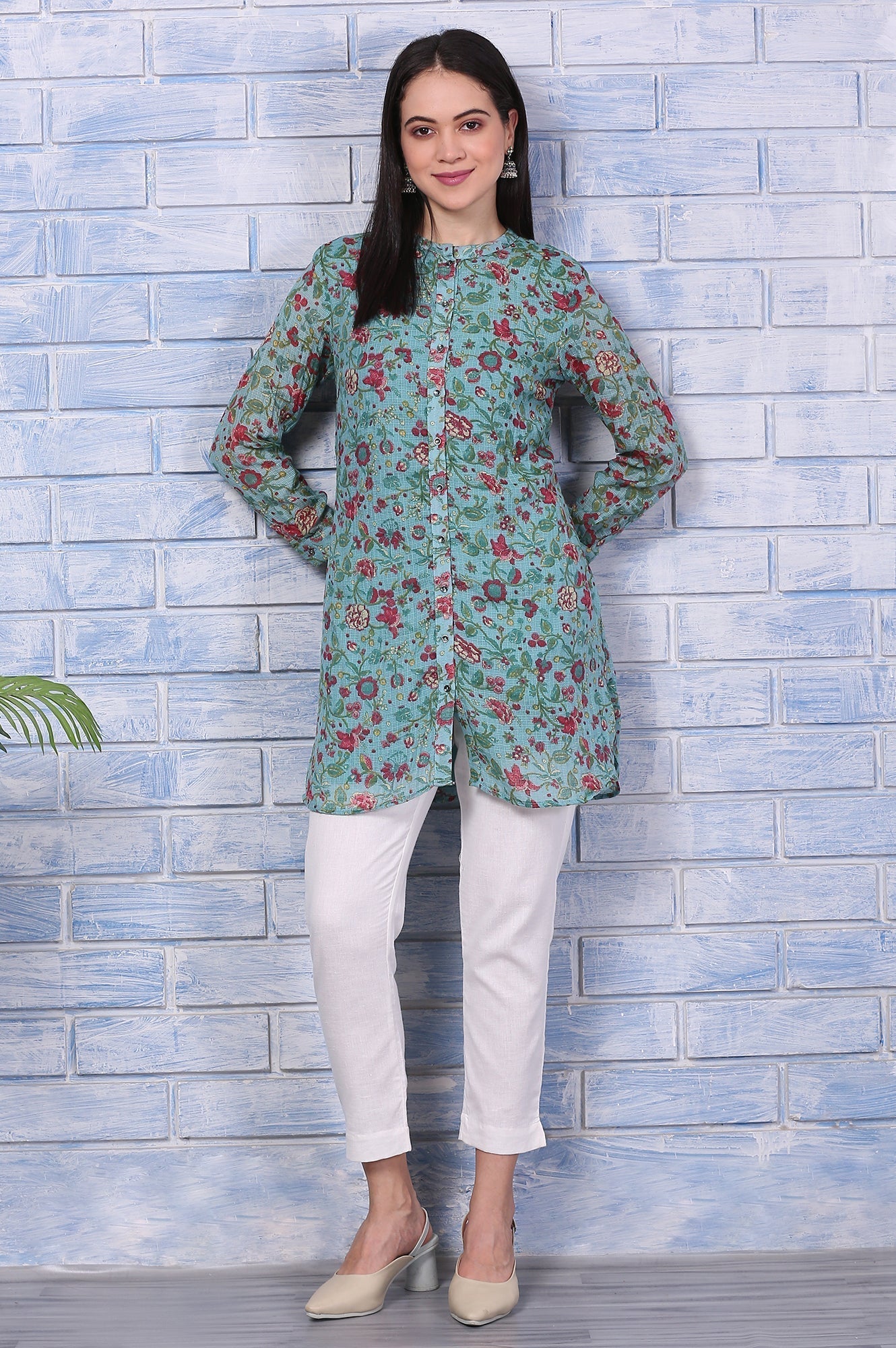 W for Woman Green Floral Printed Kota Tunic