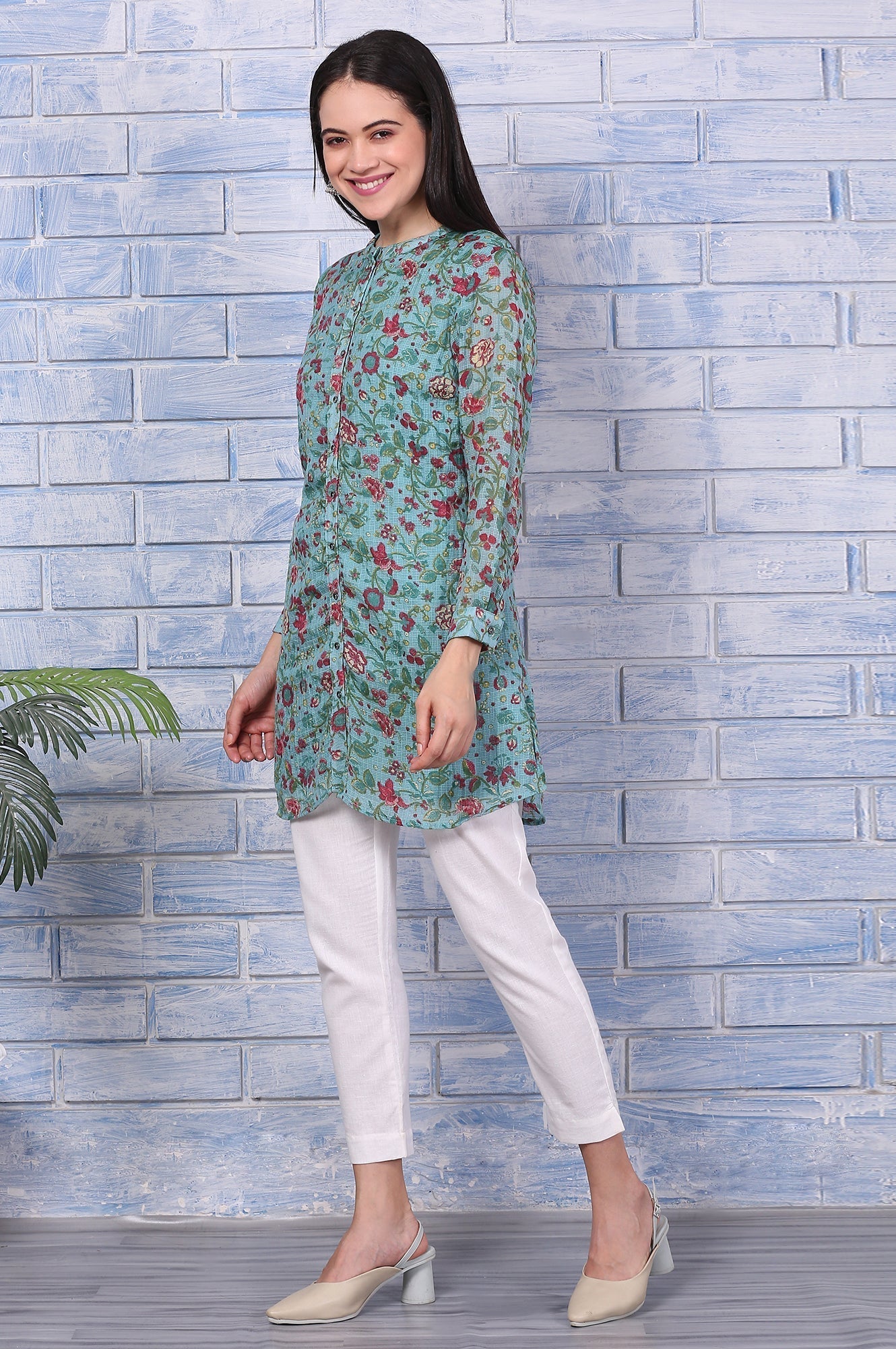 W for Woman Green Floral Printed Kota Tunic