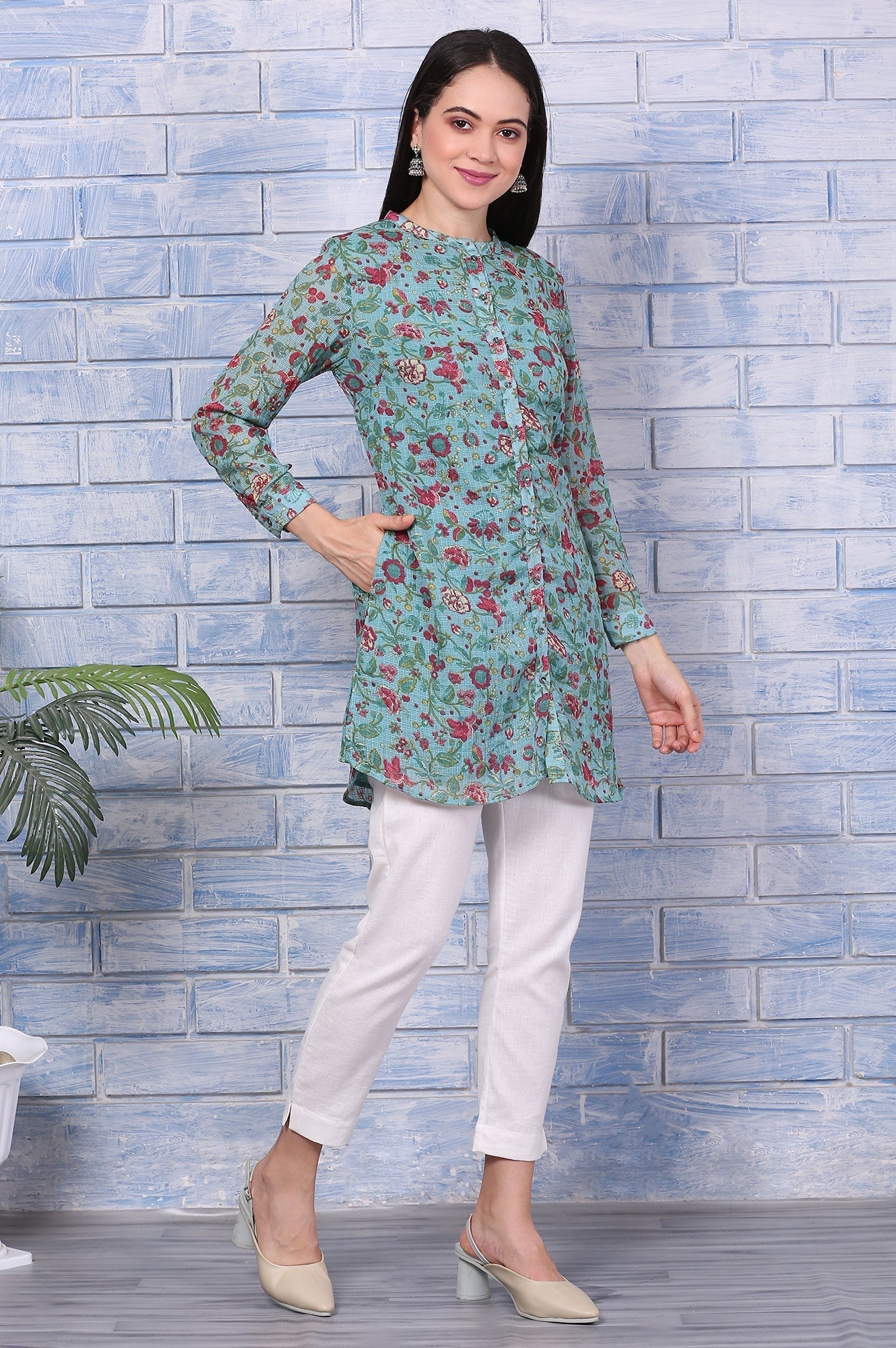 W for Woman Green Floral Printed Kota Tunic