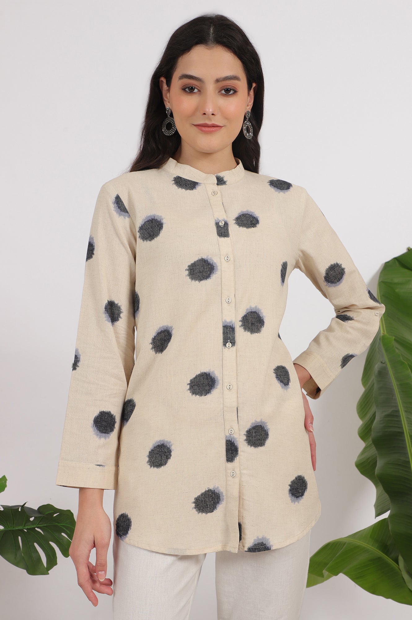 W for Woman Off-White Polka Printed Cotton Flax Shirt