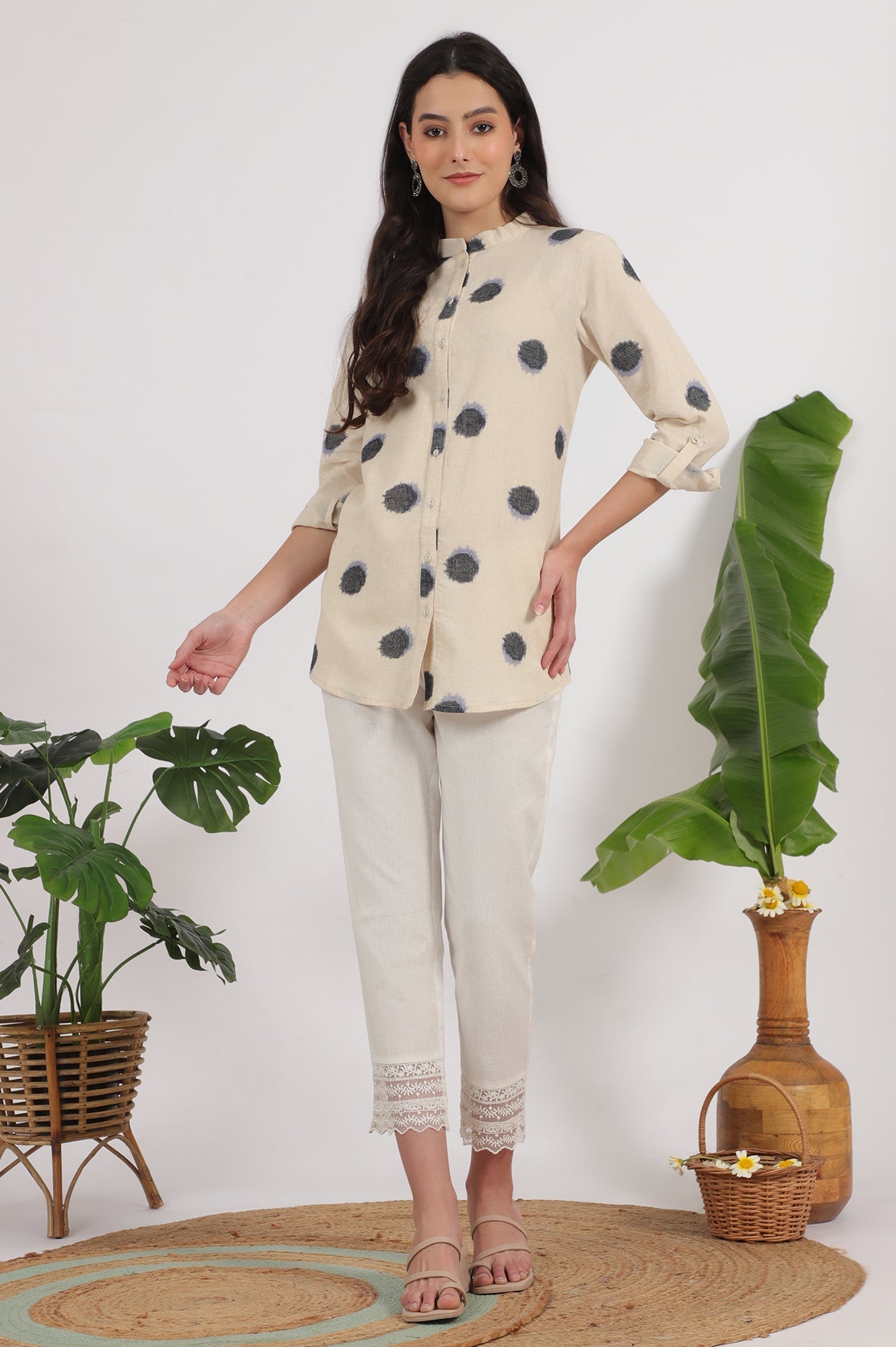 W for Woman Off-White Polka Printed Cotton Flax Shirt