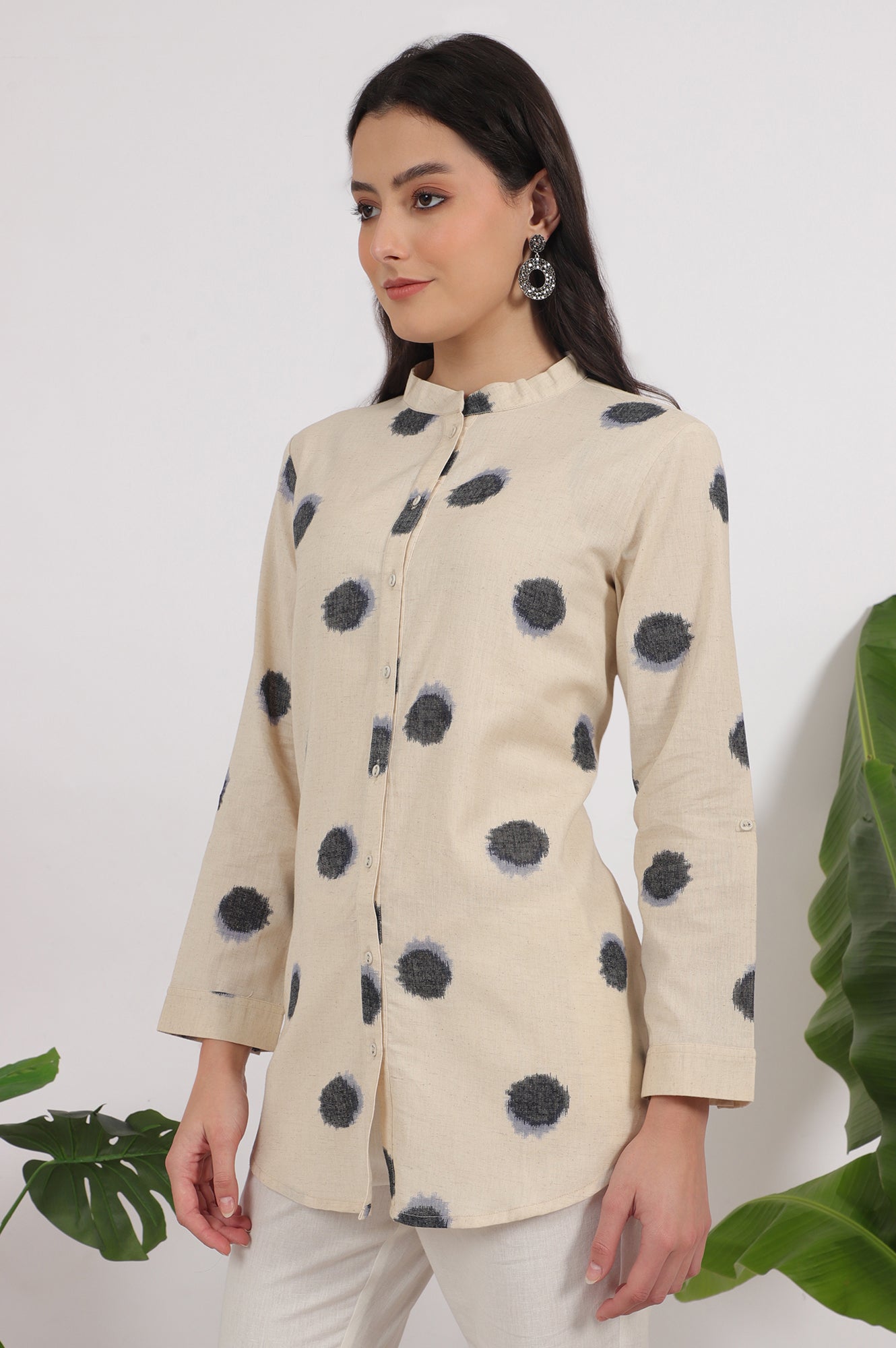 W for Woman Off-White Polka Printed Cotton Flax Shirt