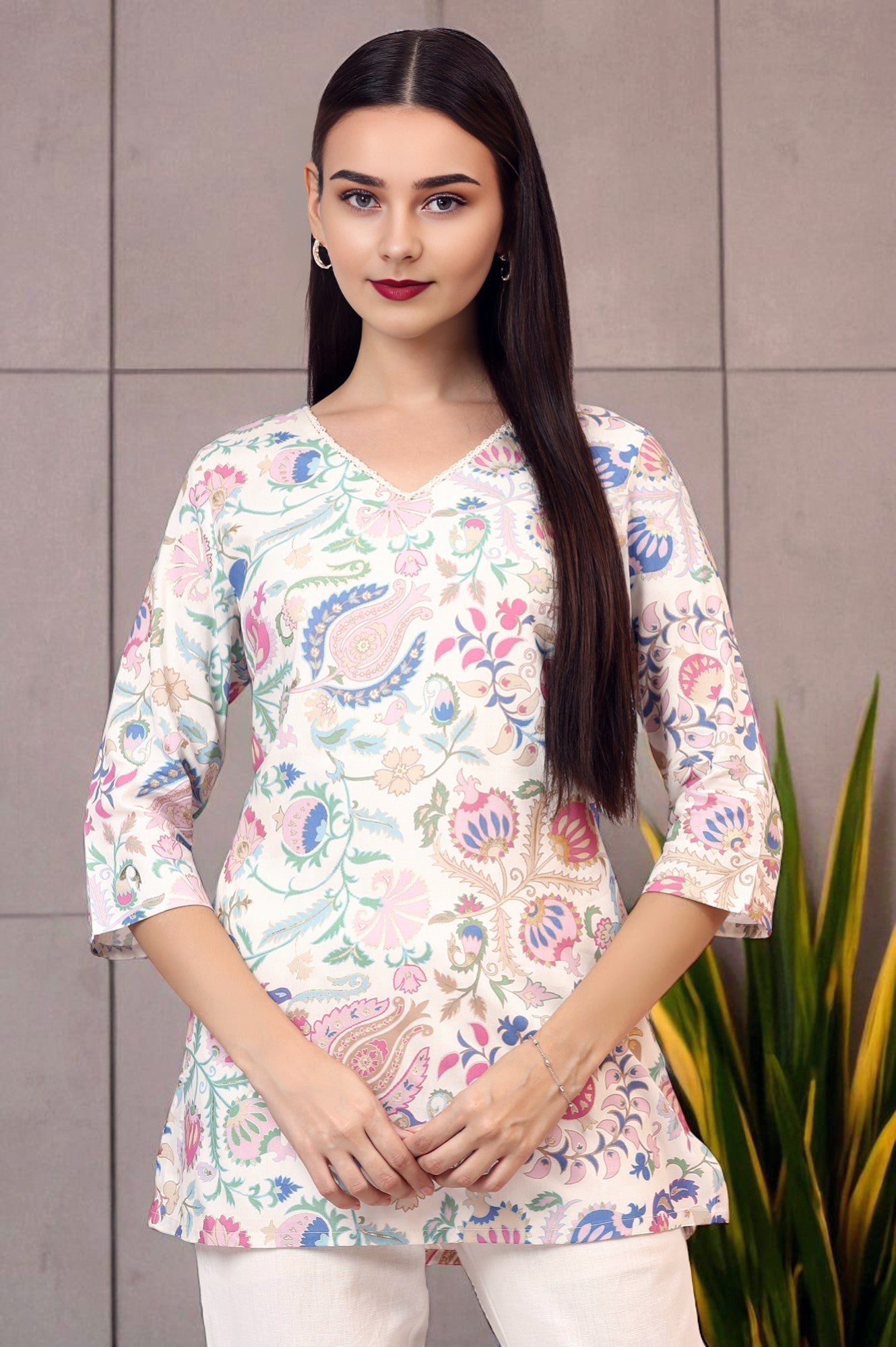 W for Woman White Floral Printed Rayon Summer Tunic with Lace