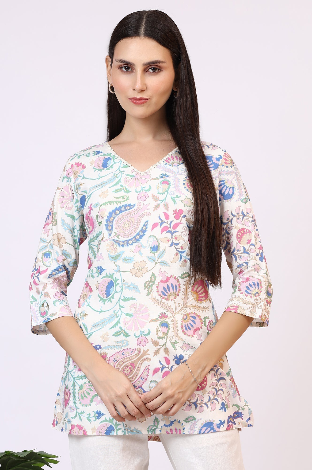 W for Woman White Floral Printed Rayon Summer Tunic with Lace
