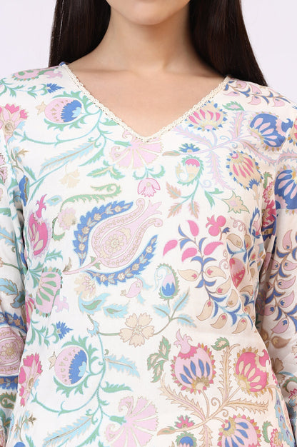 W for Woman White Floral Printed Rayon Summer Tunic with Lace