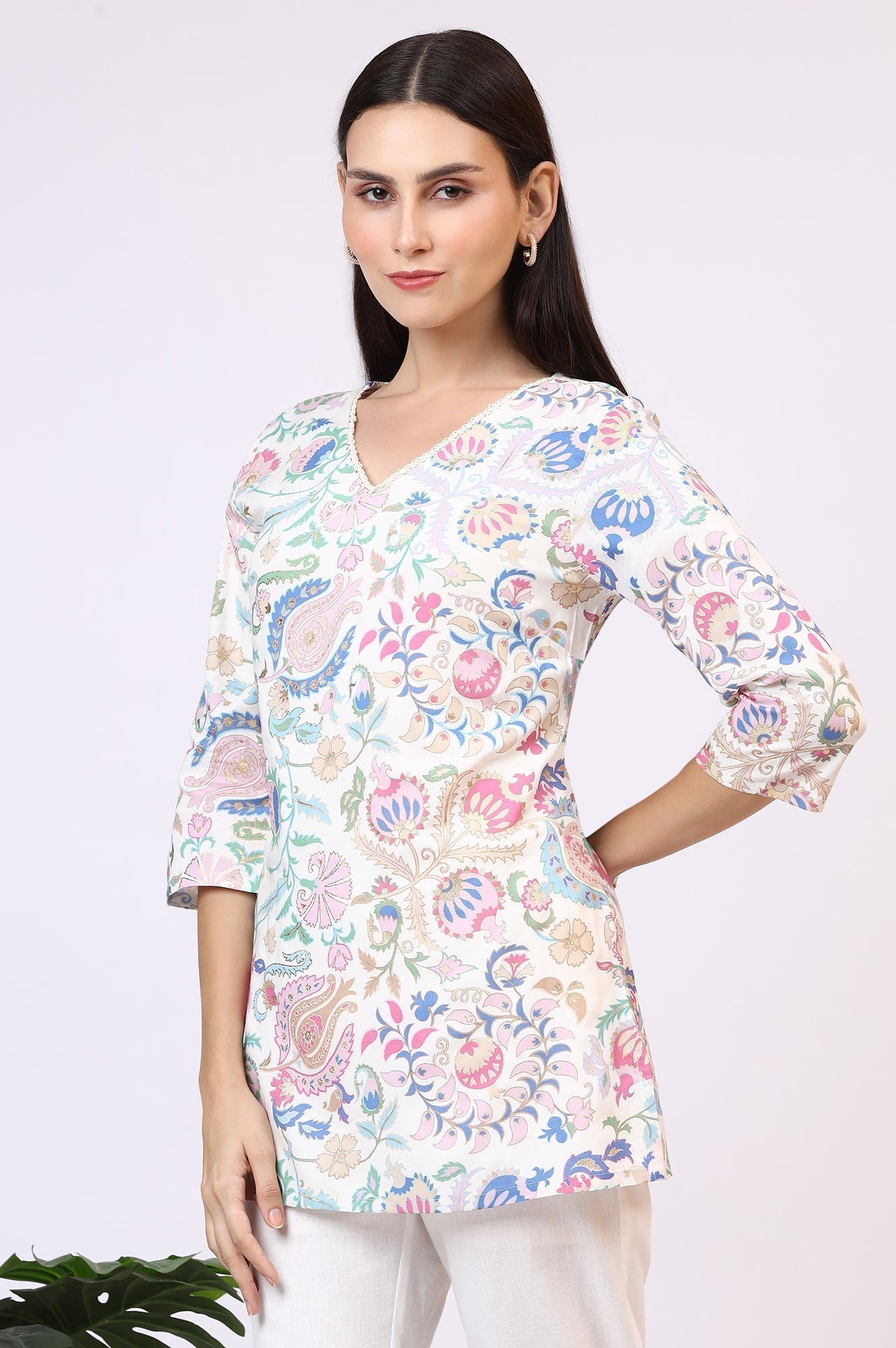 W for Woman White Floral Printed Rayon Summer Tunic with Lace