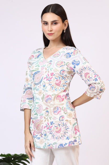 W for Woman White Floral Printed Rayon Summer Tunic with Lace