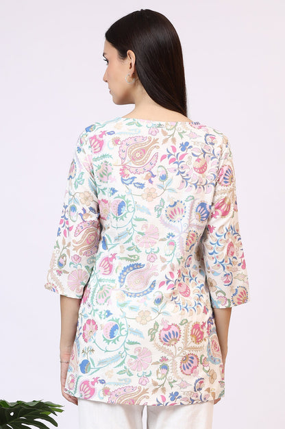 W for Woman White Floral Printed Rayon Summer Tunic with Lace