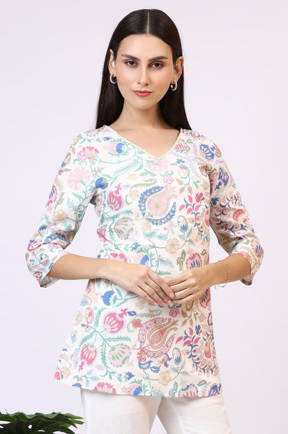 W for Woman White Floral Printed Rayon Summer Tunic with Lace