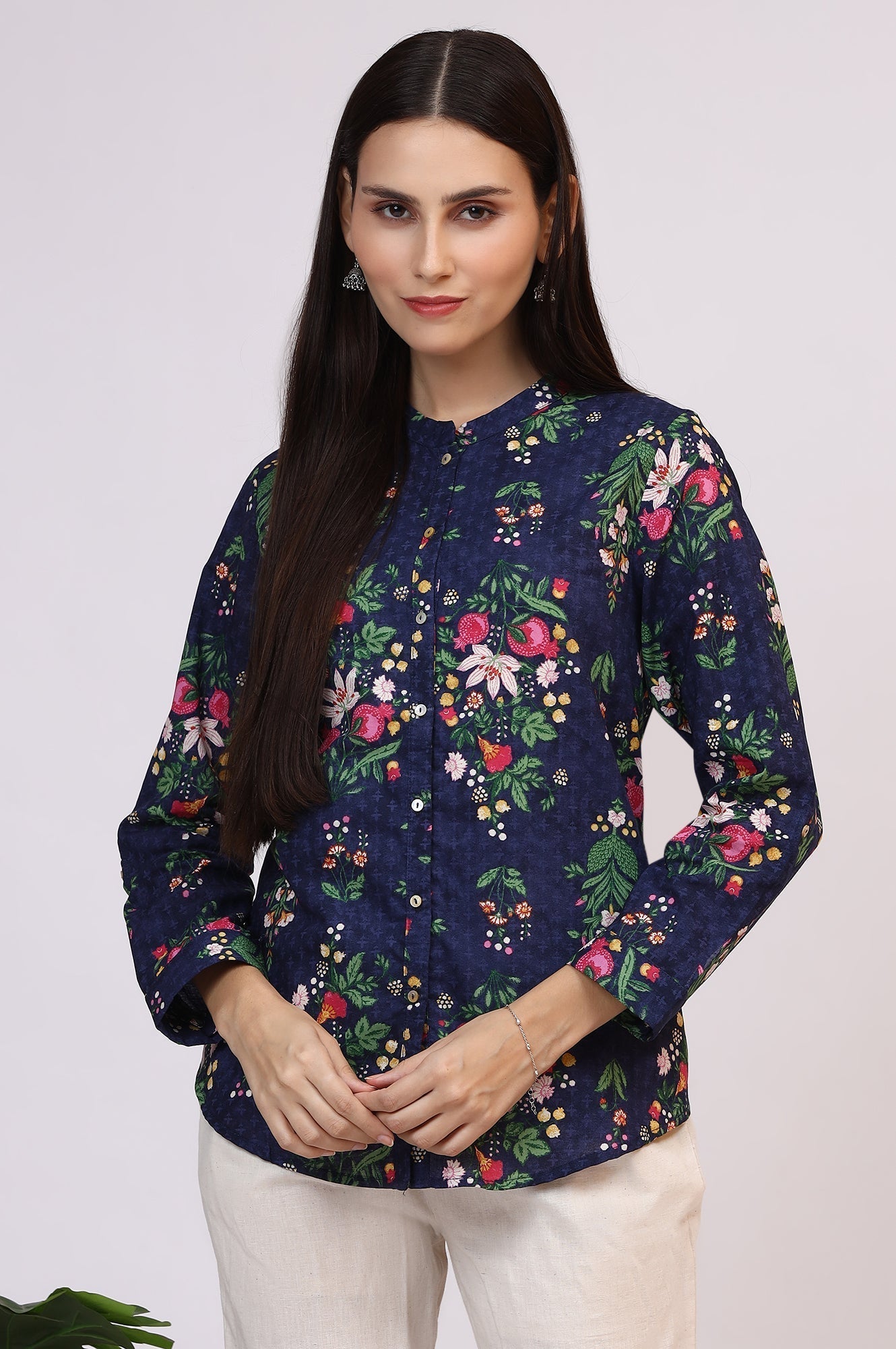 W for Woman Navy Blue Floral Printed Pure Cotton Ethnic Shirt